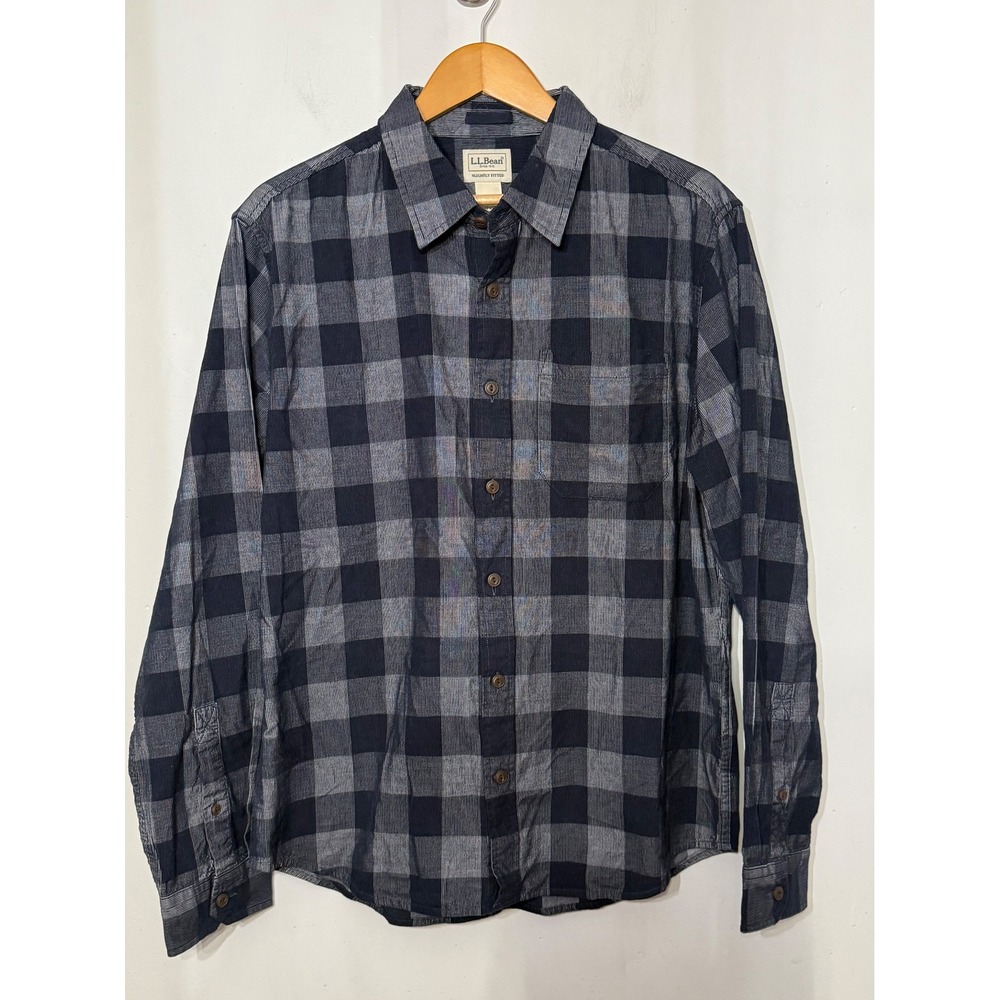 LL Bean Mens Navy Plaid Sunwashed Corduroy Shirt Slightly Fitted Medium 525893